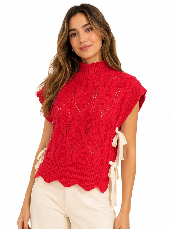 &merci Sweaters - &merci Red Cable Knit Side-Tie
Mock Neck Sweater Vest